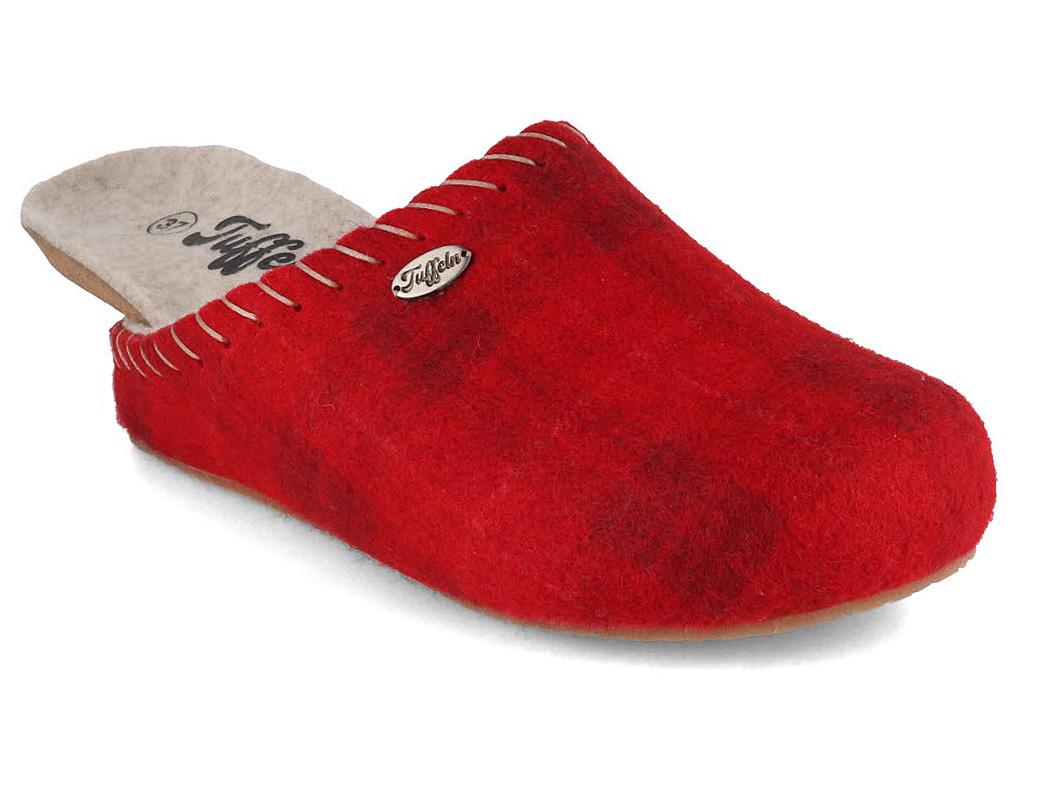 Tuffeln� Chaussons en feutre pour femmes avec semelle en li�ge �Auszeit�, Carreaux rouges