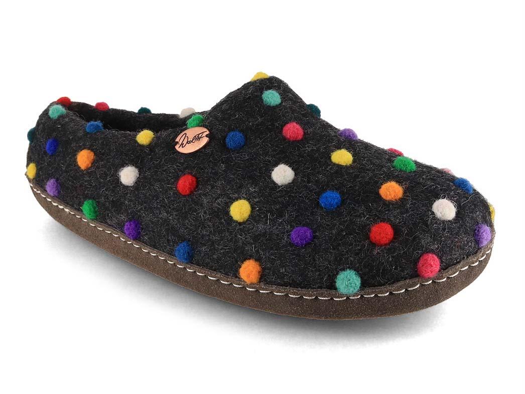 WoolFit� Pantoufle en feutre Footprint, graphite/points multicolores