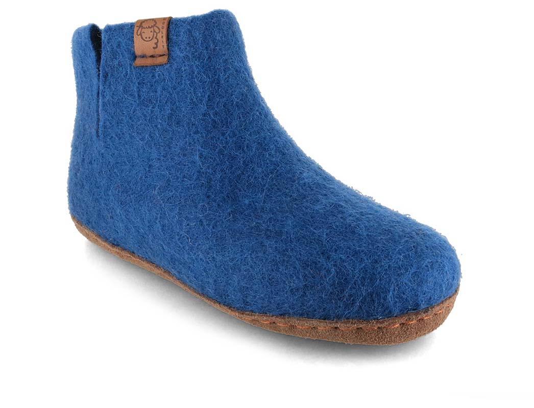 WoolFit� Yeti Kids pantoufles pour enfants avec semelle en cuir, bleu
