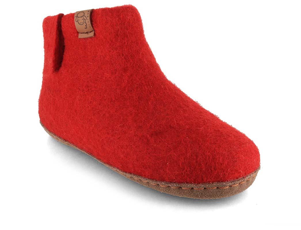 WoolFit� Yeti Kids pantoufles pour enfants avec semelle en cuir, rouge